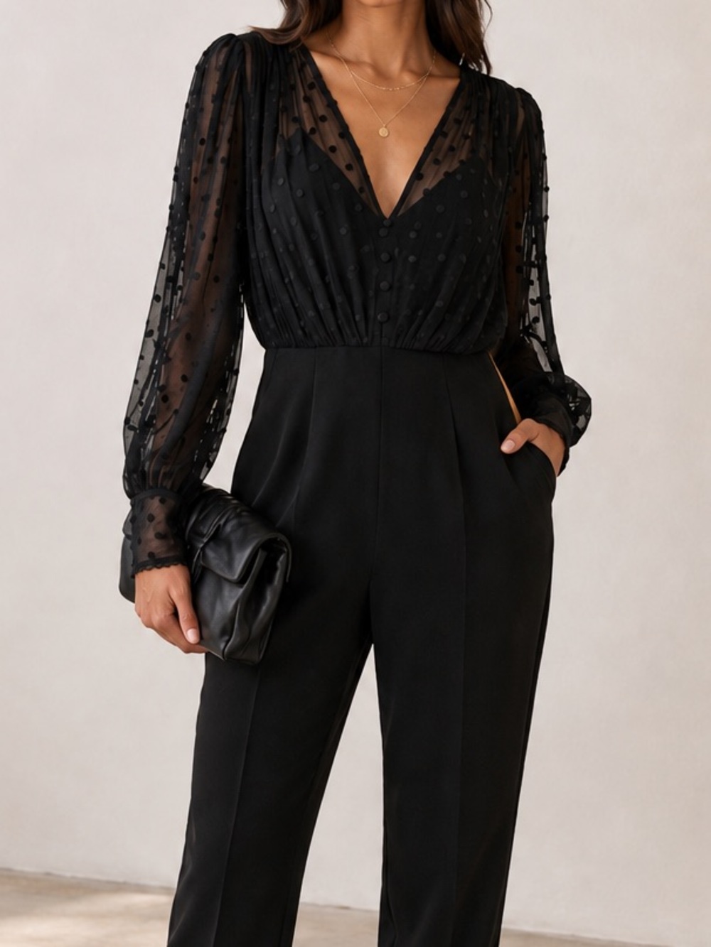 Saloni jumpsuit Black chiffon black Dot Sheer Sleeve V Neck Evening Party sz 8